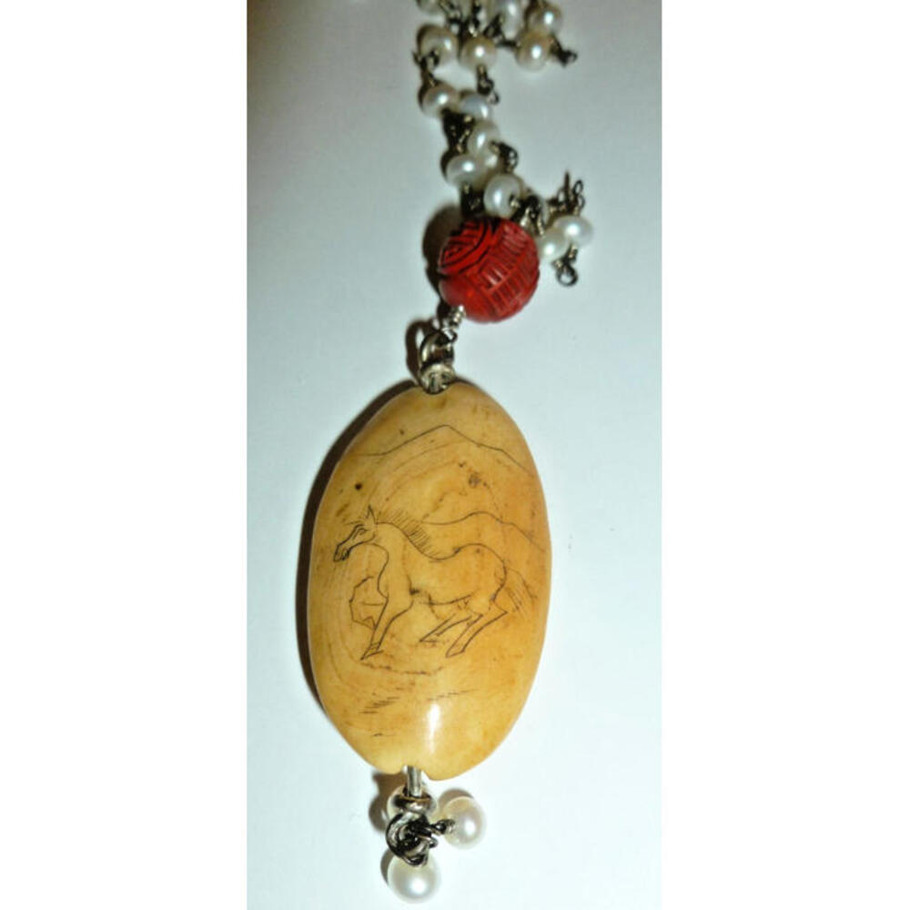 Vintage Chinese Sterling Silver Lacquer Bead Necklace Pearl Carved Pendant Resin